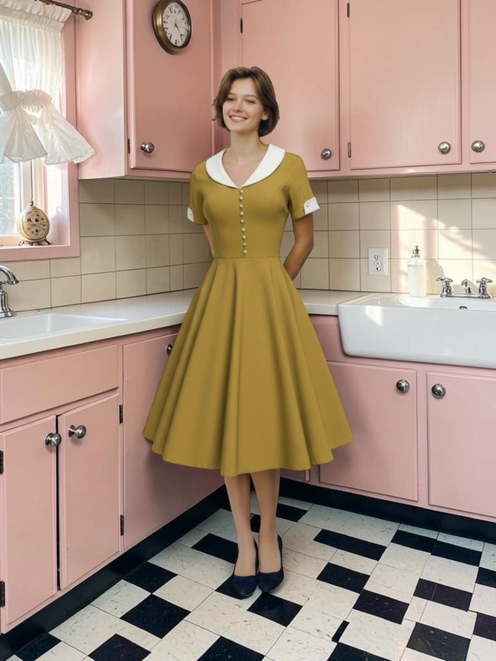 GOWN TOWN sz M Juniors Vintage-Inspired Mustard Dress with White Collar